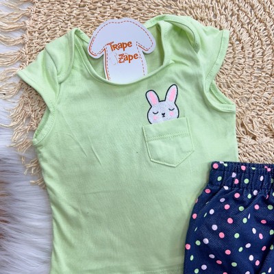 Conj. Blusa Coelhinha e Short Bolinhas Coloridas - Verde